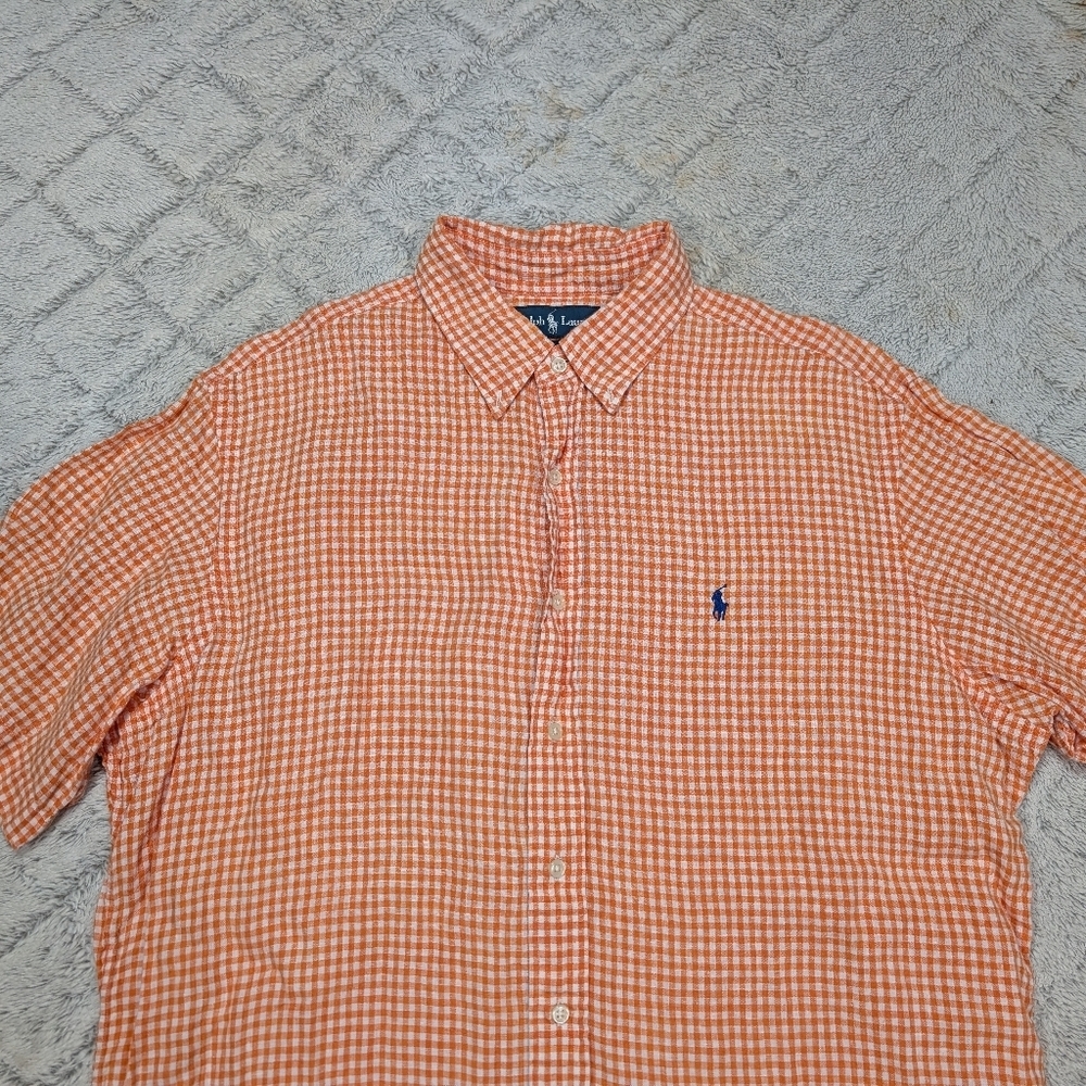 Ralph Lauren Shirt Mens XL Orange White Check Linen Button Up Short Sleeve - Picture 2 of 7